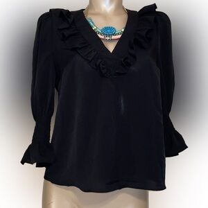 French connection womens blouse Medium top shirt black ruffle basic vneck 3/4
